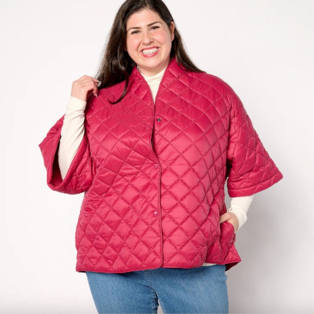 Joan Rivers Quilted 3/4-Sleeve Button Back Detailed Jacket, Berry Sz 1X a655191